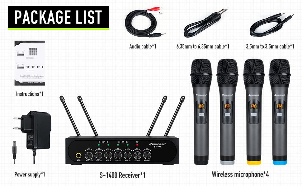 Riworal Wireless Microphone System Karaoke 4 Channel UHF