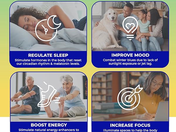 help sleep, improve mood, boost energy, increase focus, light therapy benefits, sunshine lamps