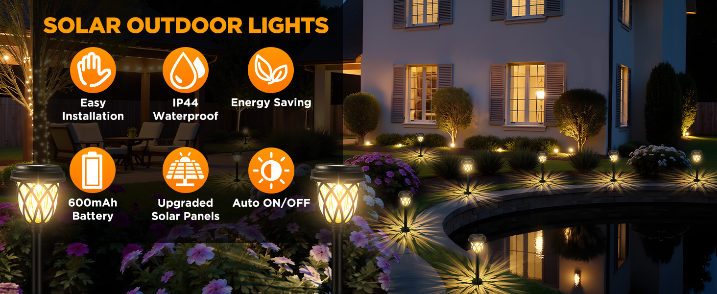 Text reads 'SOLAR OUTDOOR LIGHTS' with icons showing features: Solar Power, Wind Resistant, Energy Saving, Weather Resistant, Easy Installation, Auto On/Off. Night scene shows pathway illuminated with garden lights.