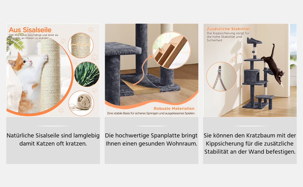 Zusammengesetztes Bild, das Katzenkratzbäume zeigt. Mit Sisalseil, natürlichen Materialien, einem mehrstufigen Kratzbaum mit Plattformen und einem an der Wand befestigten Kratzbaum mit stabilisierender Stütze.