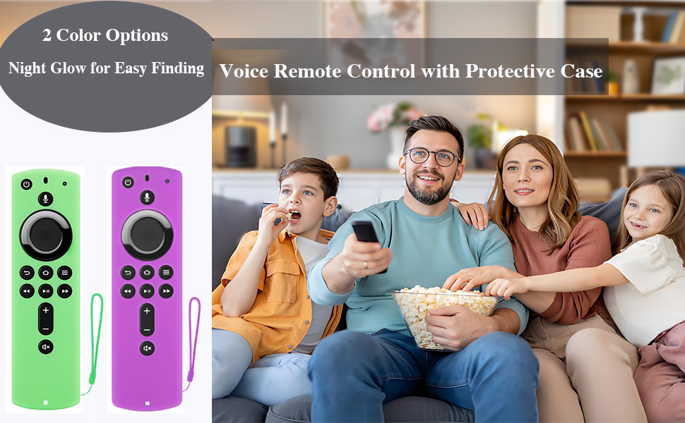 Text reads '2 Color Options', 'Voice Remote Control with Protective Case'. Gaming controllers shown in green and purple colors with button layouts.