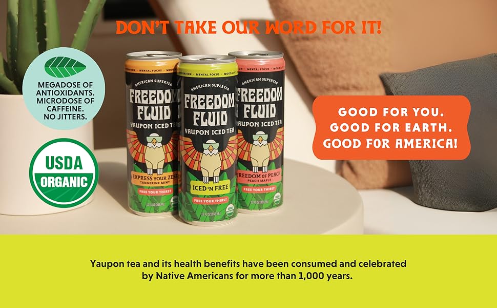 Freedom Fluid yaupon iced tea, healthy coffee, tea, and energy drink alternative. Grown in USA