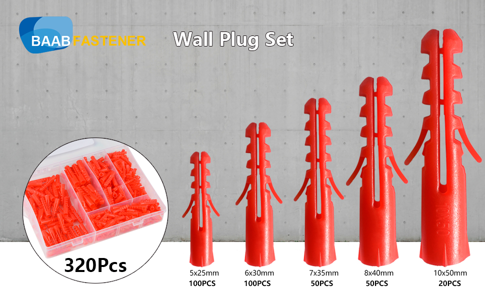 320Pcs Wall Plug Set, Expansion Rawl Plugs Plastics Anchors for Plasterboard Fixings (5,6,7,8