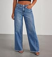 Eytino Women's Plus Size Wide Leg Jeans Elastic High Waist Stretchy Raw Hem Denim Pants with Pock...