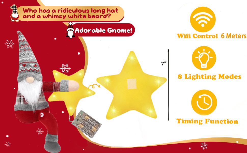 SENKENA Christmas Gnome Tree Topper with Lights, Battery