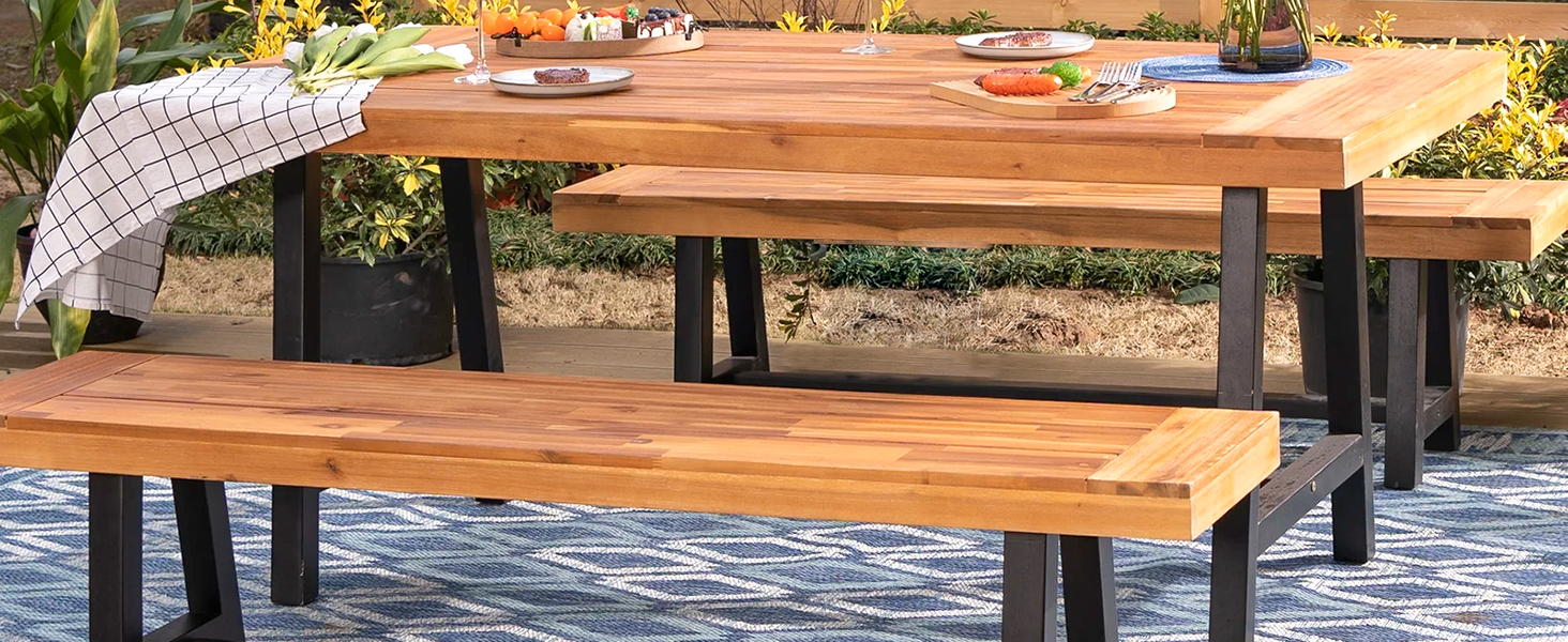 PHI VILLA Outdoor Table Bench Set of 3, 1 Wood Dining Table