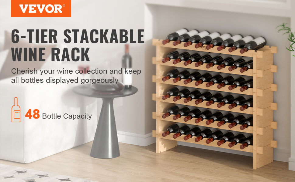 VEVOR 48 Bottle Stackable Modular Wine Rack, 6Tier Solid Bamboo Wood