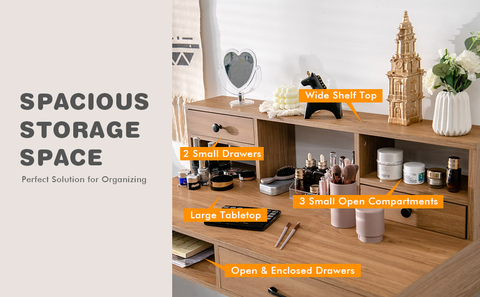 COSTWAY Multifunctional Dressing Table, Vanity Makeup Desk With 3 Drawers And Open Shelves, Home Office Bedroom Computer Desk Writing Study Table 13 3