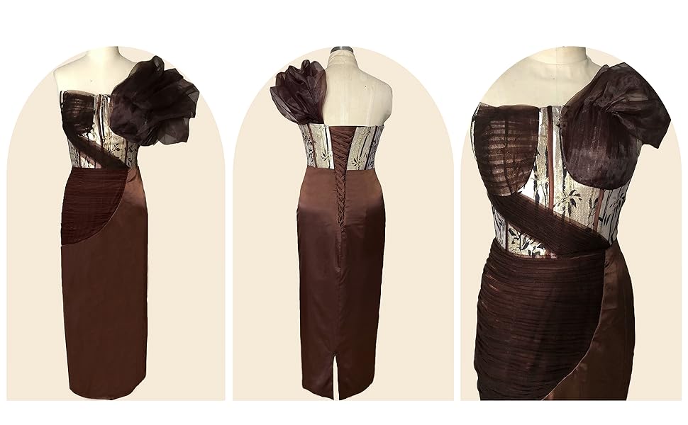 one shoulder,lace up closure,staight silhouette,print satin fabric,back vent