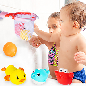 Baby Bath Toys, 7 Pcs Magnetic Fishing Game Set with 3 Light Up Fishing Toys, 1 Wind Up Duck/Fishing Net/Rob/Squirt Ball Mould Free Floating Bath Toys Gifts for 1+ Year Old Boys Girls 28 8