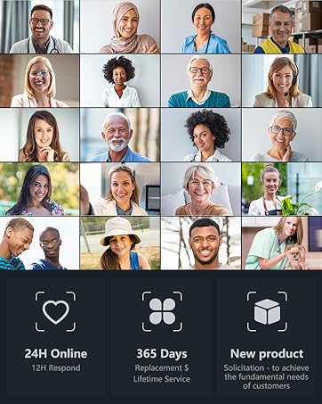 Grid of video chat interface with service icons below showing 24H Online, 365 Days service, and New Product features.