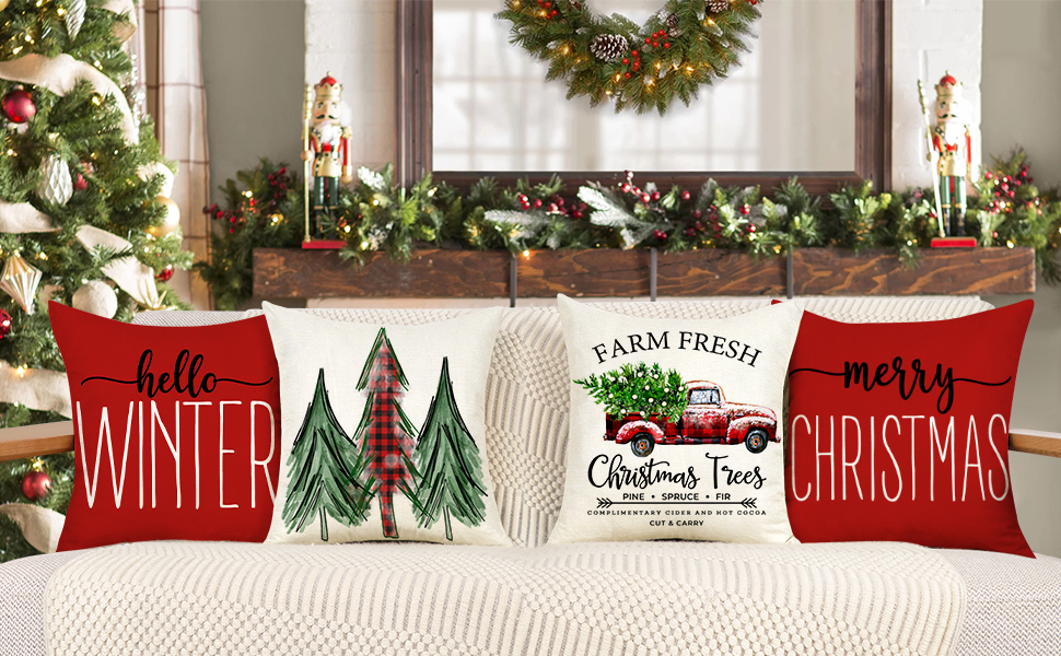 4TH Emotion Red Christmas Pillow Covers 18x18 Set of 4