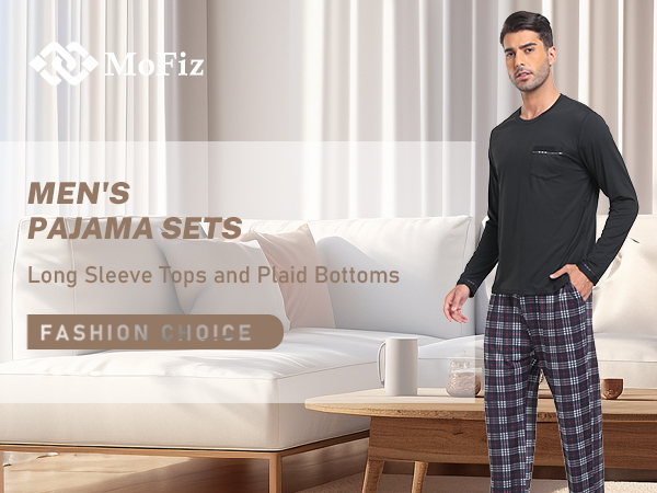 MoFiz Mens Pajamas Set Long Sleeve 2 Piece Loungewear