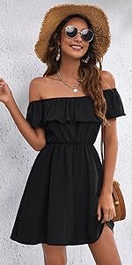 SOLY HUX Women&amp;amp;amp;#39;s Off Shoulder Short Sleeve Flounce Ruffe Trim A Line Dress