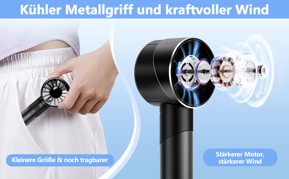 Der Text lautet „Kühler Metallgriff und kraftvoller Wind“. Schwarzes Handgerät mit Lüftermechanismus, dargestellt mit Grafiken zur Visualisierung des Luftstroms.