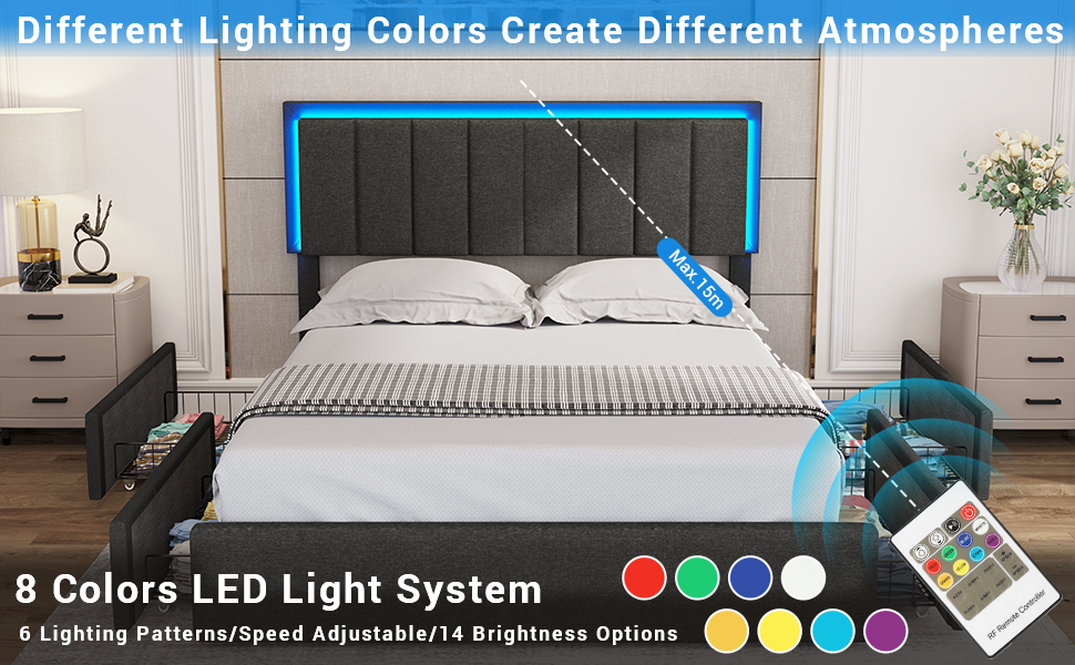 DICTAC Queen LED Bed Frame with 4 Storage Drawers Modern