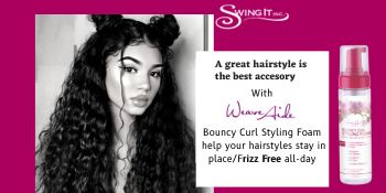 Bouncy curl styling foam with information on how to get frizz free hair