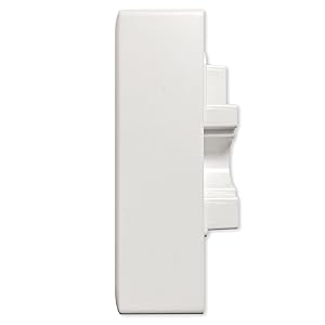White rectangular electrical device with stepped side profile, showing wall-mounting design from side angle view.