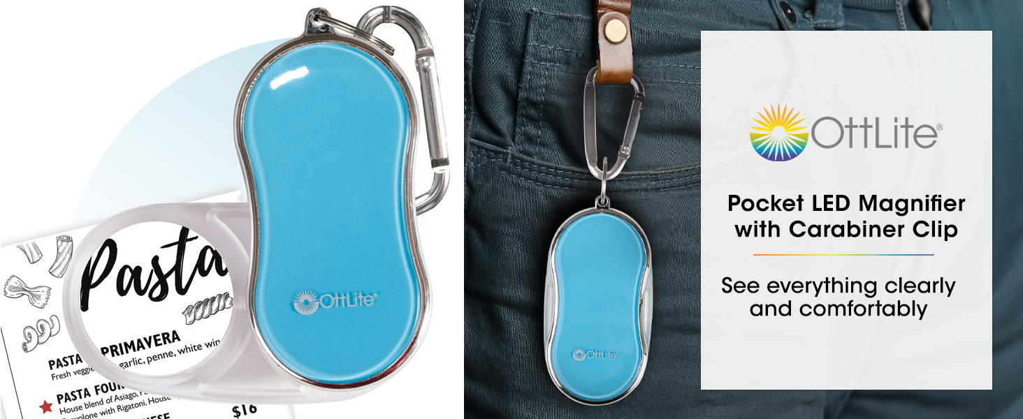 Pocket LED Magnifier with Carabiner Clip Lighted Magnification Portable Size Folding Travel Battery