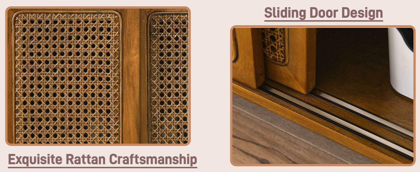 Mid Century Modern Storage Cabinet with Rattan Doors and Open Shelves