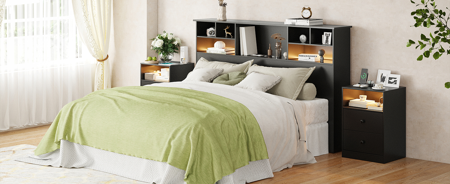 AYEASY Night Stand Set 2 with Charging Station, LED Wood