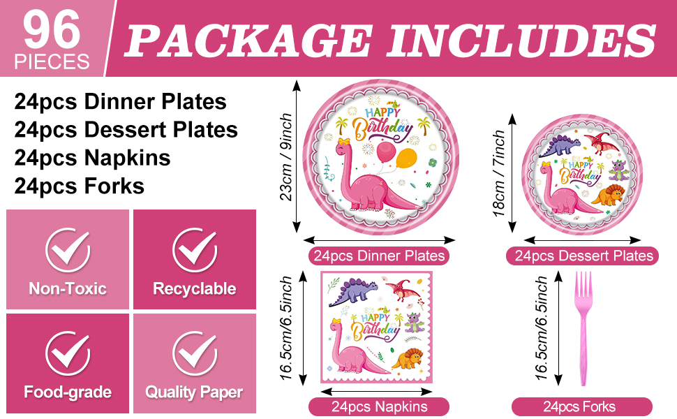 HJINGY 96 PCS Pink Dinosaur Party Supplies, Pink Dinosaur