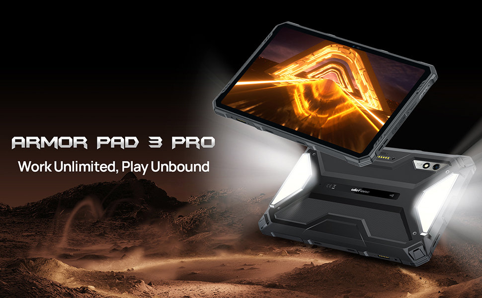 avec écran éclairé affichant une forme orange abstraite. Le texte indique « ARMOR PAD 3 PRO » et « Work Unlimited,