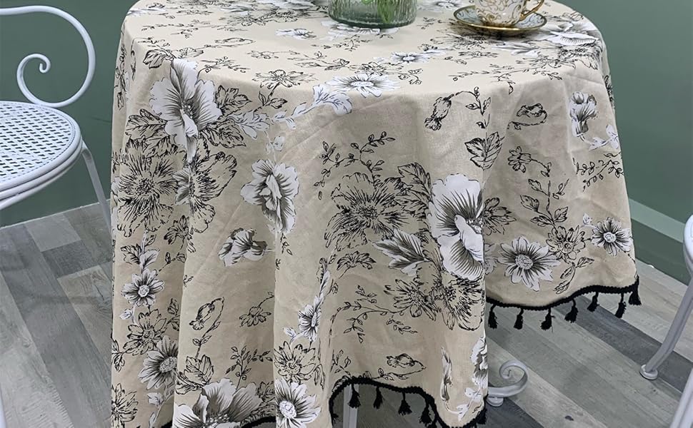 FCHU Floral Round Tablecloth 60 Inch Cotton Linen Table