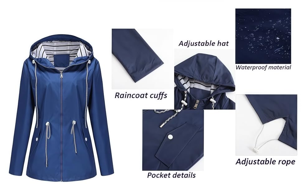 Women Rain Coats Long Jacket With Hood Lightweight Travel Hiking