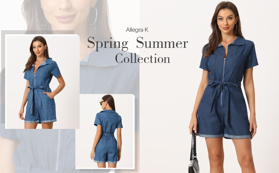 Amazon.com: Allegra K Women's Chambray Romper Zip Up Tie
