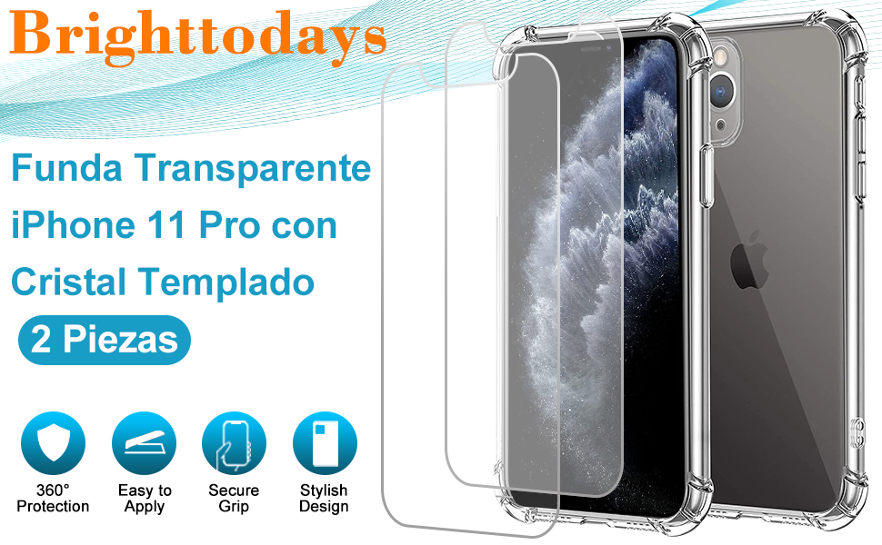 Funda Transparente iPhone 11 Pro con 2 Piezas Cristal Templado