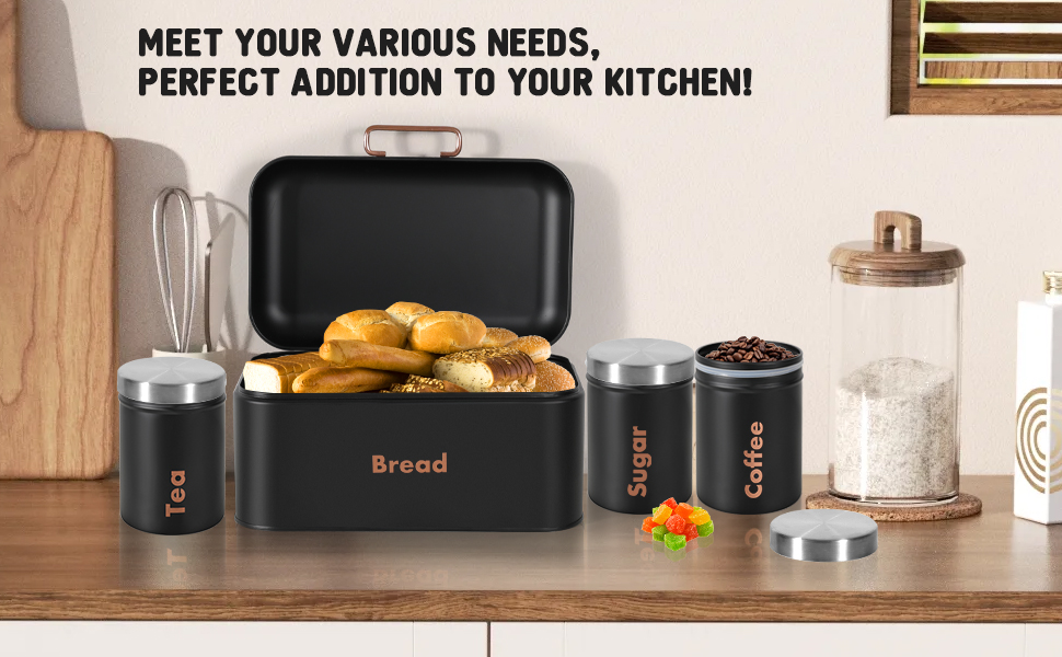 Mivcinn Bread Bins for Kitchen Black Bread Bin and Canister Sets Bread