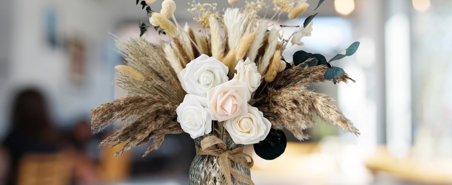 pampas grass with vase included, artificial flowers in vase, for dining table decor centerpieces