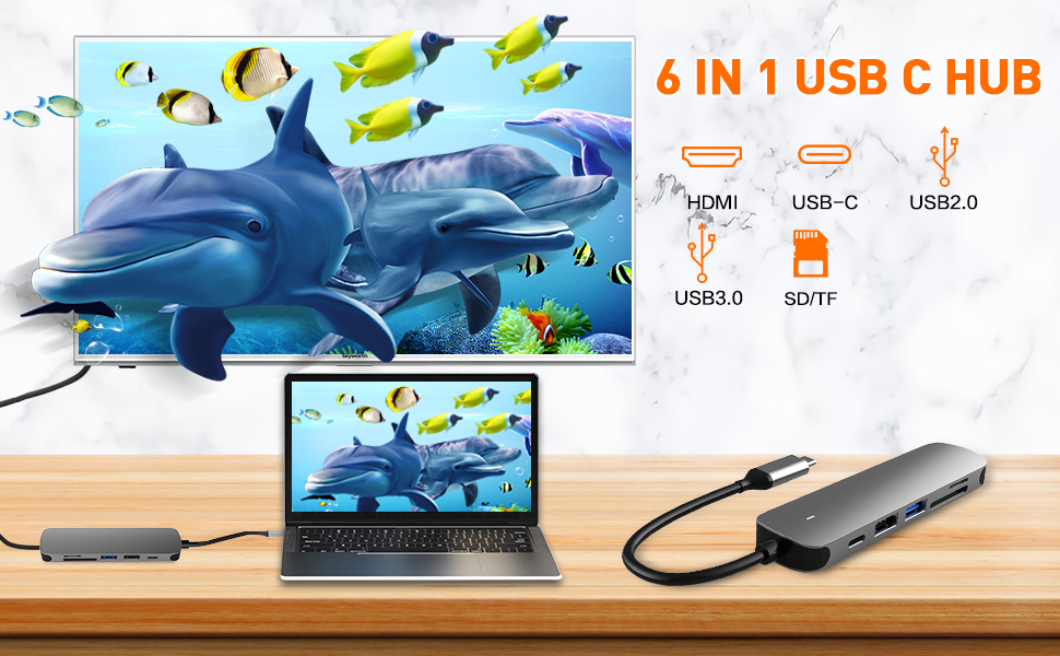 USB C HUB, Dongle USB C Adapter 6 in 1 with USB 3.0 Connection, 4KHDMI