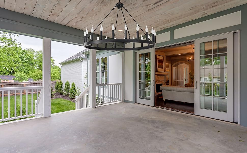 outdoor wagon wheel chandelier for porch scene