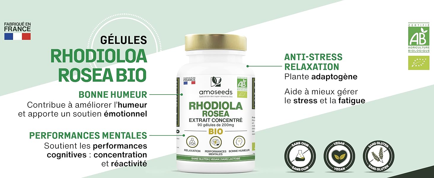 Rhodiola Rosea Bio gélules Extrait Concentré Relaxation Humeur Énergie Amoseeds Super-Aliments Bio