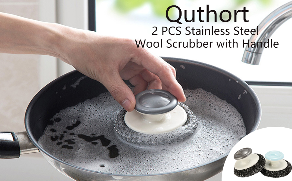 2Pcs Stainless Steel Wool Scrubber with Handle, Steel Wool