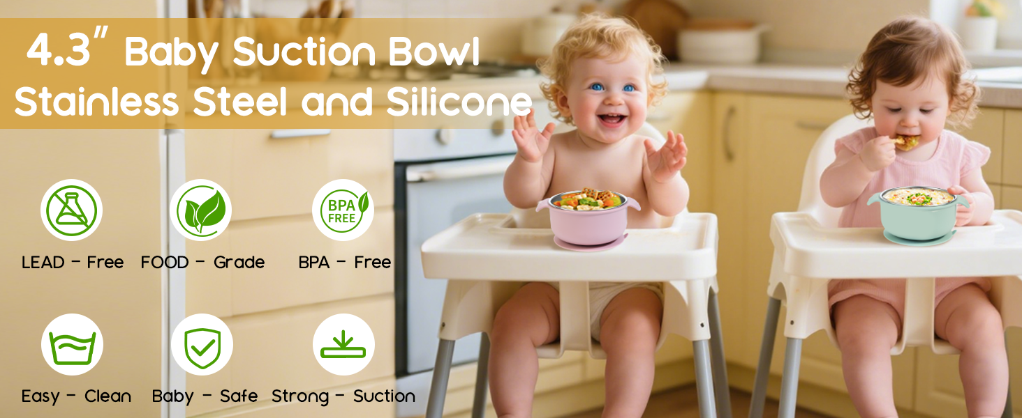 4.3 inches baby stainless steel bowl with silicone suction, Lead free, BPA free, Easy clean