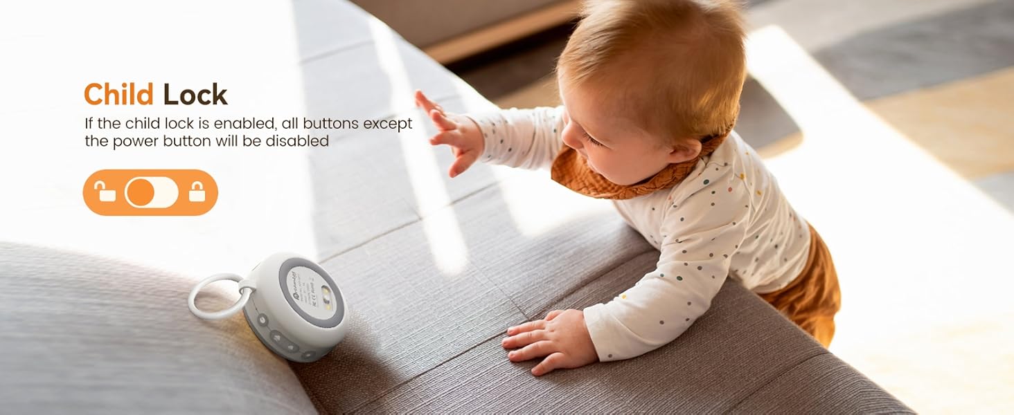 White electronic device with child lock feature indicated by an icon display, shown on a gray surface in a childproofing context.