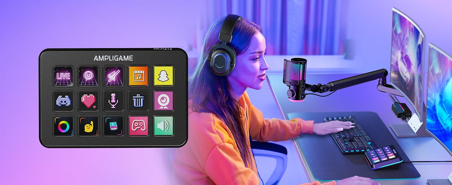 Streaming setup with sound control panel displaying colorful icons and microphone arm in blue-lit environment.