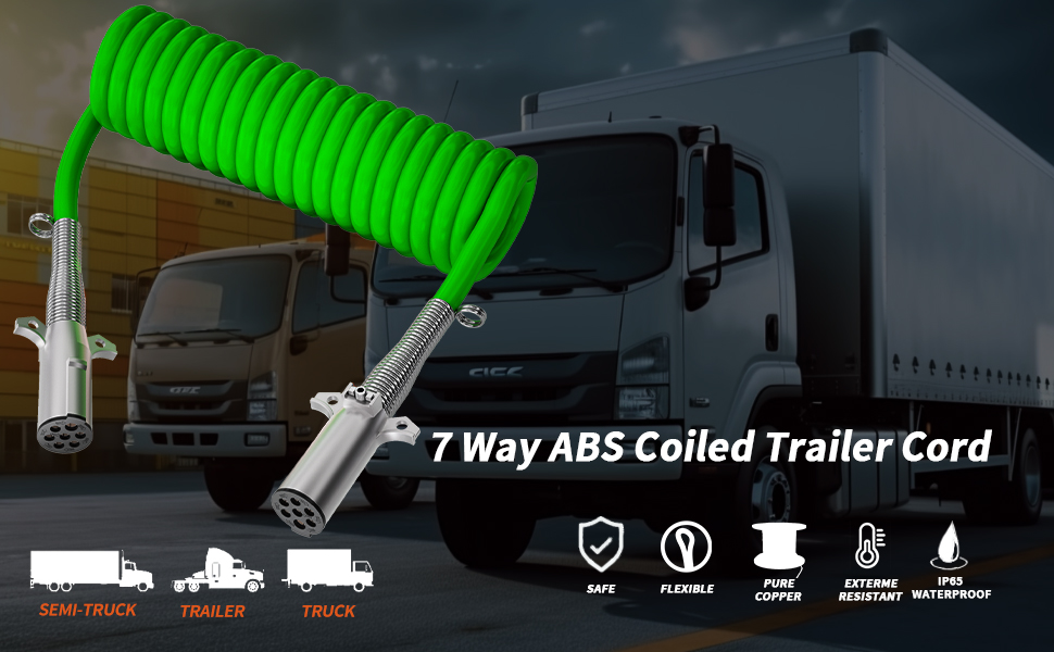 PlugSaf 7 Way Coiled Trailer Cord 15 FT ABS Heavey Duty