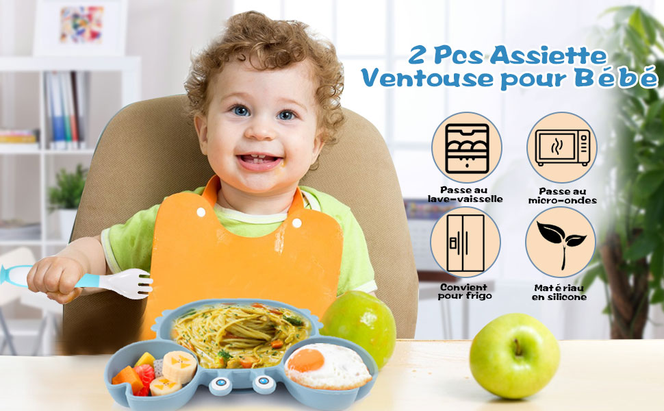 NOCYAN Assiette ventouse pour bébé - Sans BPA - Ventouse antidérapante - 3  compartiments - Assiette bebe - Compatible Lave-vaisselle et micro-onde  (BLEU) : : Bébé et Puériculture