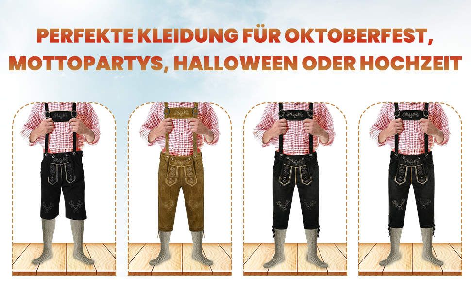 Traditional Bavarian-style outfits for Oktoberfest or themed parties. Four variations of lederhosen and checkered shirts in different colors displayed on mannequins.
