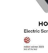 Vista parcial del texto «HO Electric Sr» y un logotipo circular rojo con el texto «El mejor de los mejores ganadores de Reddot en 2023