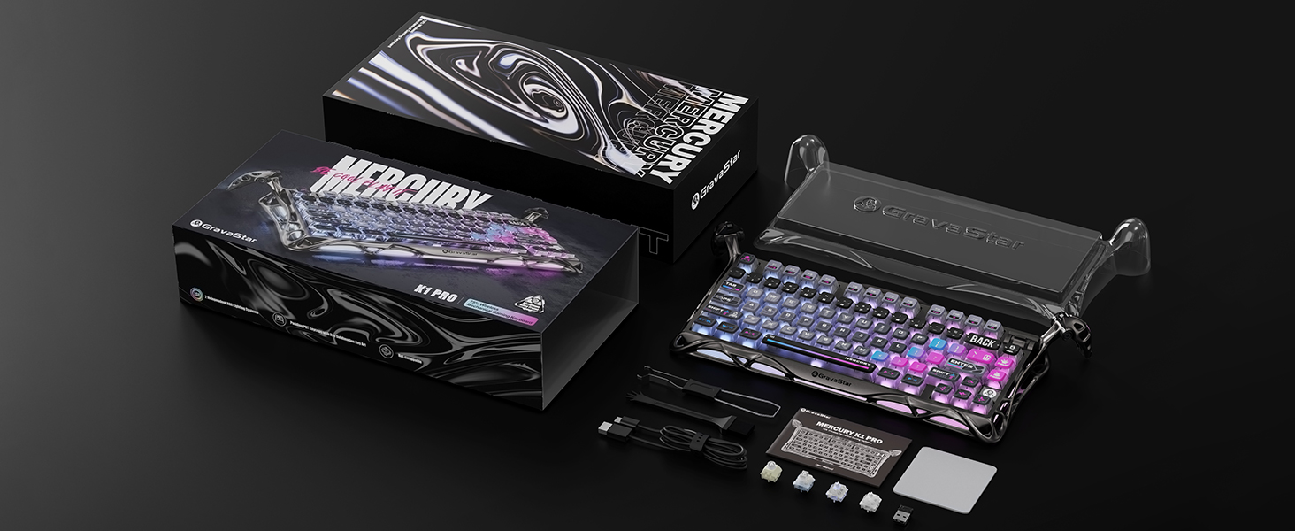 Complete K1 Pro keyboard set with accessories and futuristic packaging by GravaStar.