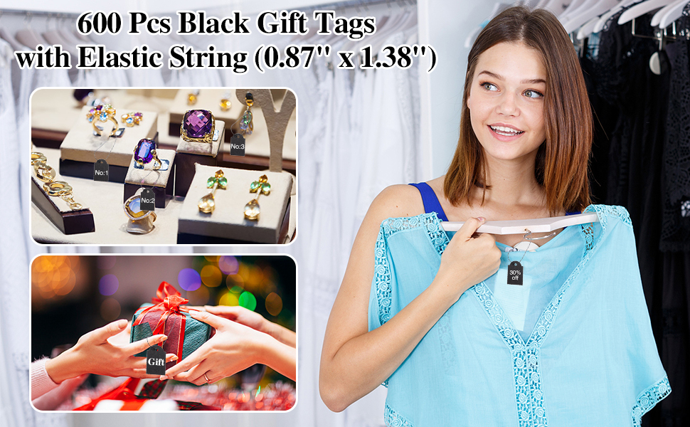 600 Pcs Black Price Tags with Elastic String, Gift Tags