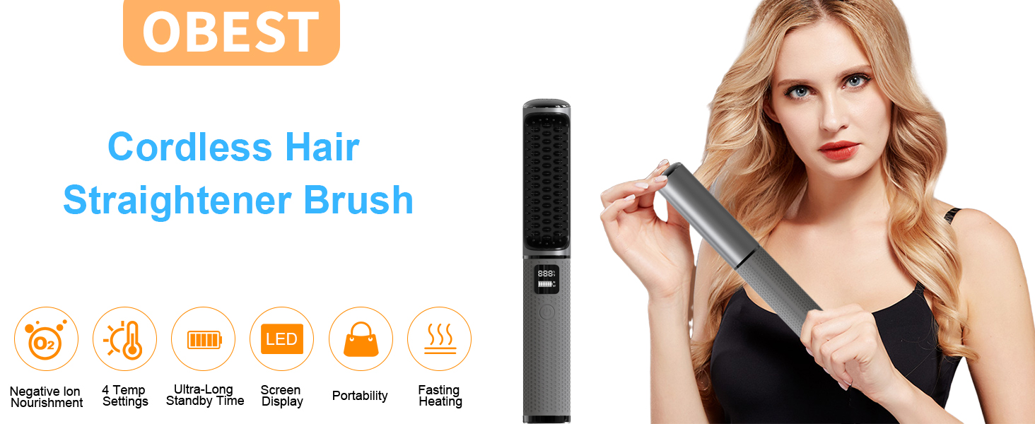 OBEST Cordless Hair Straightener Brush, Mini Portable Travel Wireless Straightener Negative Ion