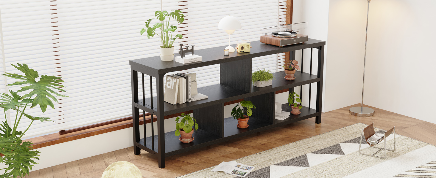 IBF 63” Black Bookshelf, Industrial Long Open Horizontal