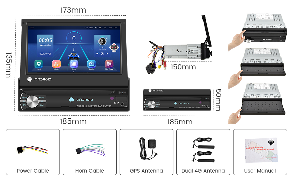 Hikity Android13 Autoradio 1Din Wireless CarPlay mit 7Zoll Ausfahrbarem Bildschirm Din 1 Radio