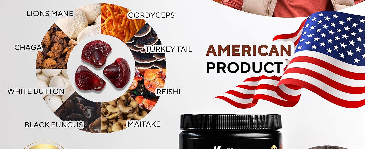 10 mushroom ingredients in mushrooms gummies complex and usa flag with american product text